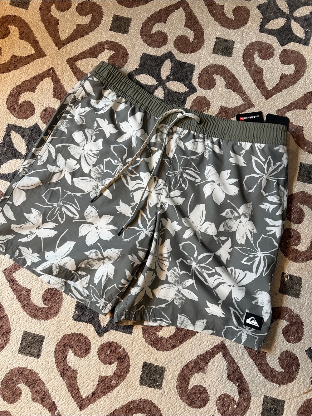 Quiksilver Olive and White Floral Hybrid Swim Shorts